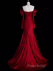 Mermaid Off The Shoulder Burgundy Long Satin Formal Prom Dresses
