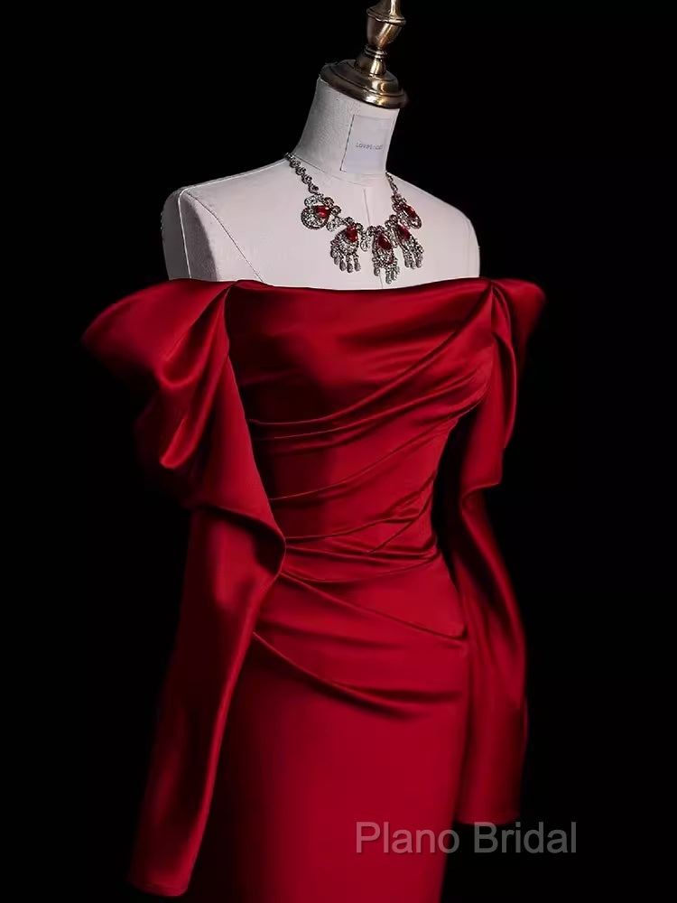 Mermaid Off The Shoulder Burgundy Long Satin Formal Prom Dresses