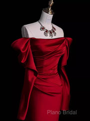Mermaid Off The Shoulder Burgundy Long Satin Formal Prom Dresses