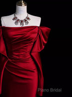 Mermaid Off The Shoulder Burgundy Long Satin Formal Prom Dresses