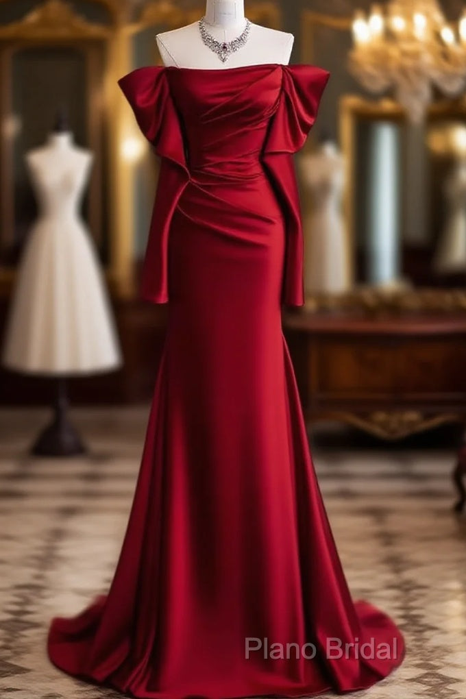 Mermaid Off The Shoulder Burgundy Long Satin Formal Prom Dresses