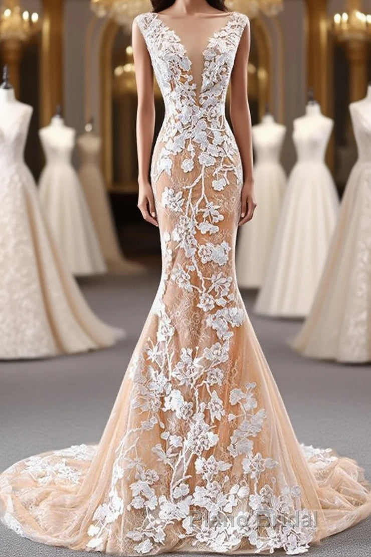 Mermaid Open Back Champagne Lace Long Formal Prom Dresses, Champagne Lace Formal Dresses, Champagne Evening Dresses Main image