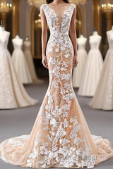 Mermaid Open Back Champagne Lace Long Formal Prom Dresses, Champagne Lace Formal Dresses, Champagne Evening Dresses