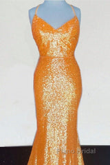 Mermaid Orange Sequin V Neck Dresses
