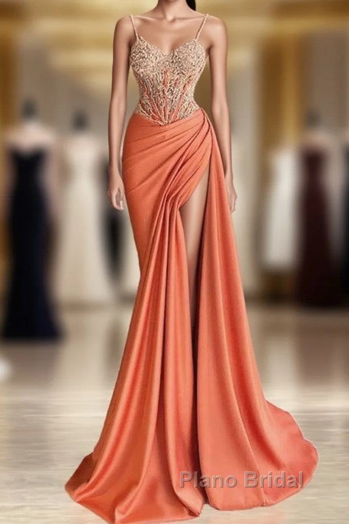 Mermaid Peach Formal Prom Dresses Appliques With Slit Main image