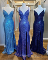 Mermaid Purple Sequins Long Formal Prom Dresses with Slit,Navy Blue Evening Party Gowns