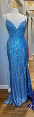 Mermaid Purple Sequins Long Formal Prom Dresses with Slit,Navy Blue Evening Party Gowns