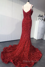 Mermaid Red Spaghetti Straps Velvet Sequin Formal Prom Dresses