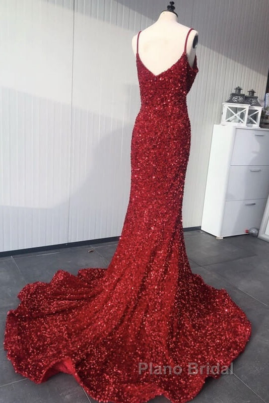 Mermaid Red Spaghetti Straps Velvet Sequin Formal Prom Dresses