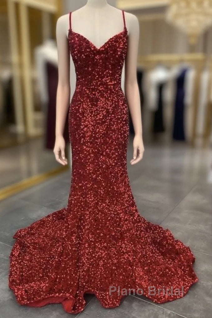 Mermaid Red Spaghetti Straps Velvet Sequin Formal Prom Dresses Main image