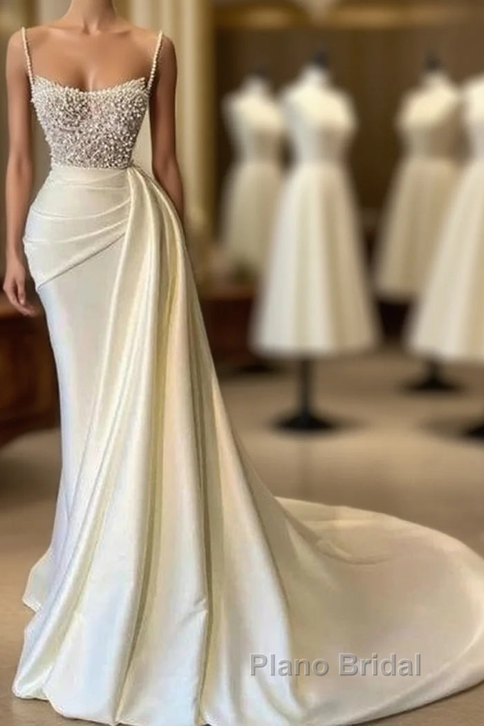 Mermaid Satin Spaghetti Strap Sweetheart Sequined Beaded Long Formal Prom Dresses Gorgeous Evening Dresses Main image