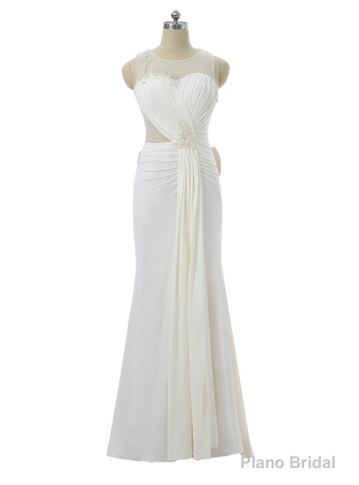 Mermaid Scoop Chiffon Pearls Bow See Through Long Evening Dresses