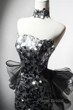 Mermaid Sequin Tulle Black Long Formal Prom Dresses, Black Long Formal Dresses