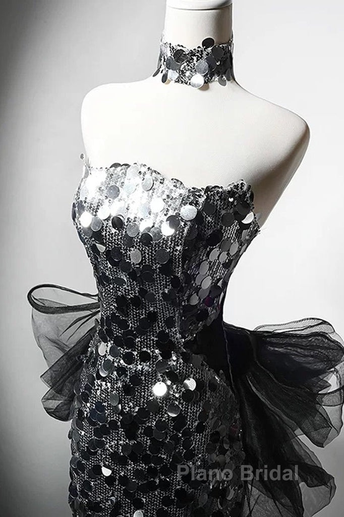 Mermaid Sequin Tulle Black Long Formal Prom Dresses, Black Long Formal Dresses