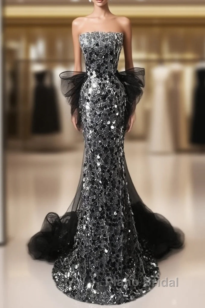 Mermaid Sequin Tulle Black Long Formal Prom Dresses, Black Long Formal Dresses Main image