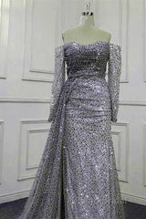 Mermaid Silver Sequin Beaded Off Shoulder Dresses