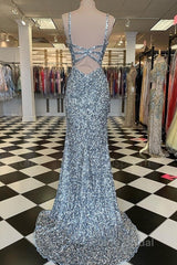 Mermaid Silver Sequin Formal Prom Dresses V-Neck Long Formal Gown Slit