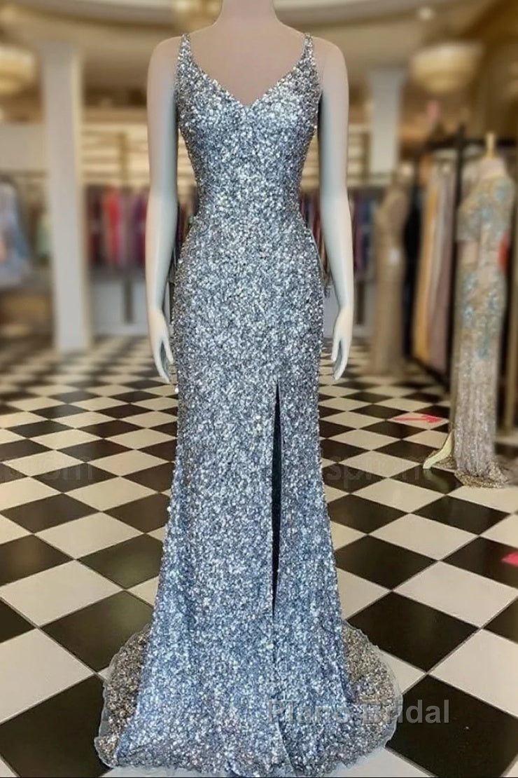 Mermaid Silver Sequin Formal Prom Dresses V-Neck Long Formal Gown Slit