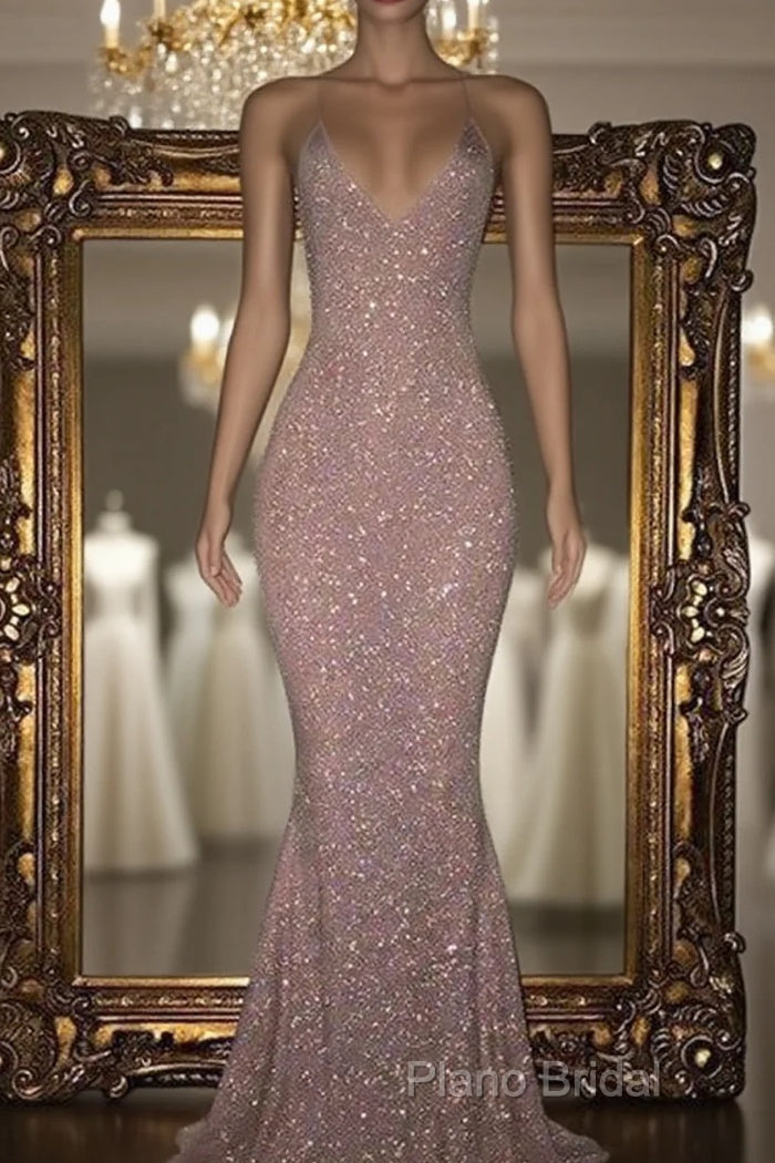 Mermaid Sleeveless Long Rose Pink Sequin Formal Prom Dresses