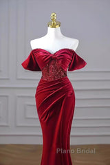 Mermaid Strapless Burgundy Velvet Formal Prom Dresses Evening Dresses