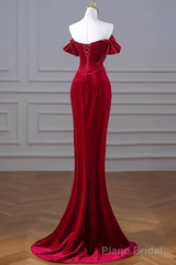 Mermaid Strapless Burgundy Velvet Prom Dresses Evening Dress