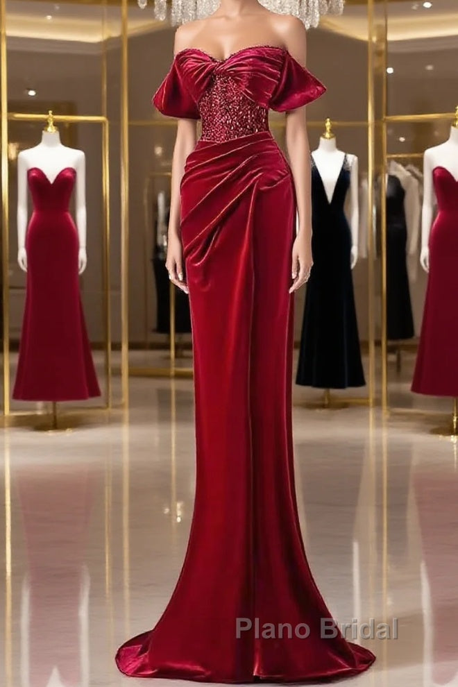 Mermaid Strapless Burgundy Velvet Formal Prom Dresses Evening Dresses