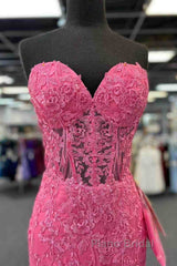 Mermaid Strapless Hot Pink Corset Appliques Long Formal Dresses