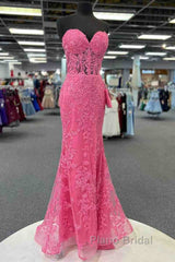 Mermaid Strapless Hot Pink Corset Appliques Long Formal Dresses