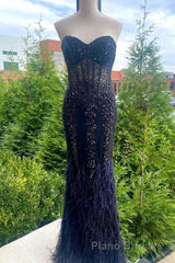 Mermaid Strapless Sequin-Embroidered Long Formal Prom Dresses with Feathers