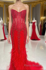 Mermaid Strapless Sequin-Embroidered Long Formal Prom Dresses with Feathers