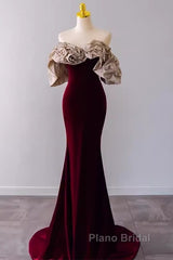 Mermaid Strapless Wine Red Long Formal Prom Dresses