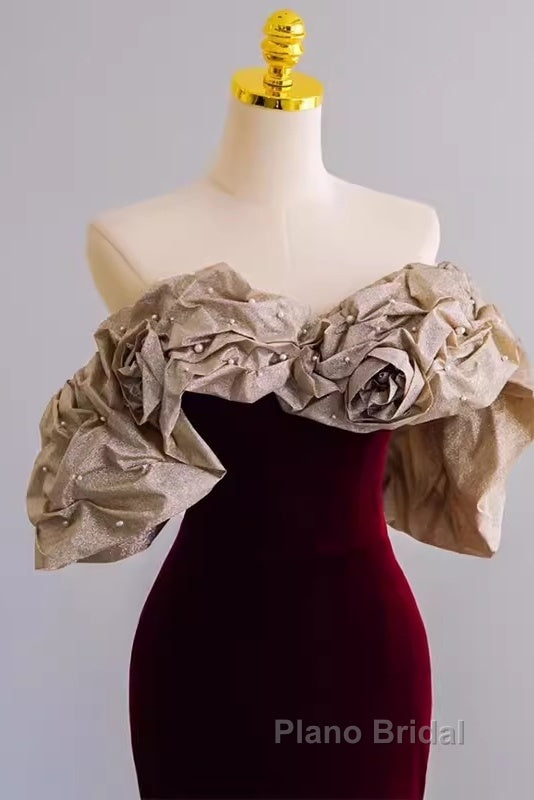 Mermaid Strapless Wine Red Long Formal Prom Dresses