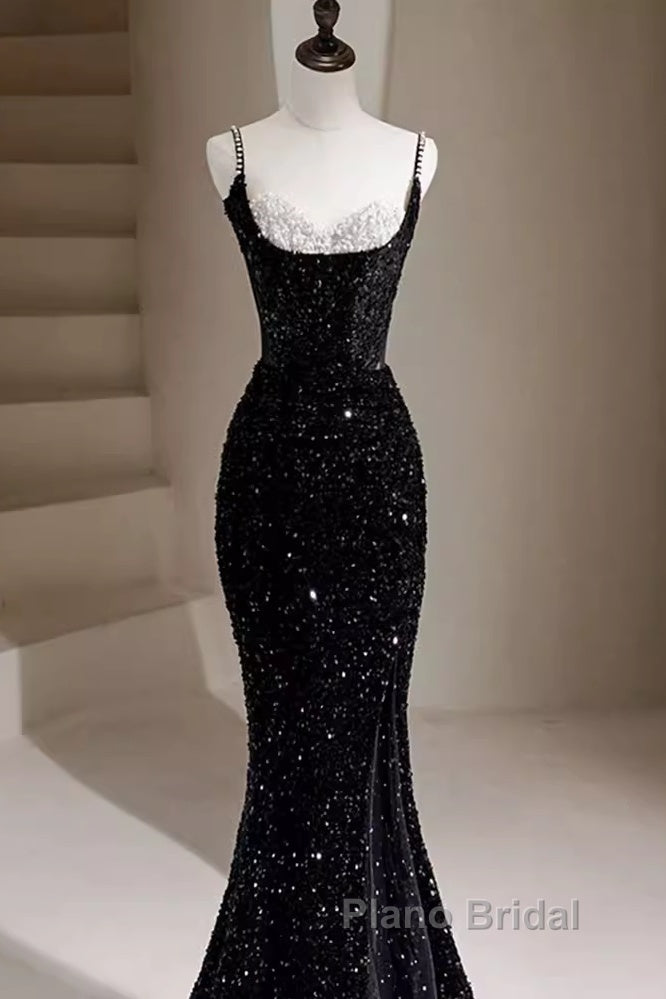 Mermaid Straps Long Black Sequin Formal Prom Dresses