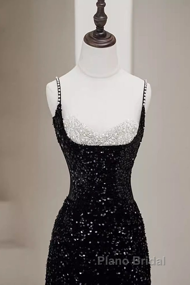 Mermaid Straps Long Black Sequin Formal Prom Dresses