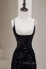 Mermaid Straps Long Black Sequin Formal Prom Dresses