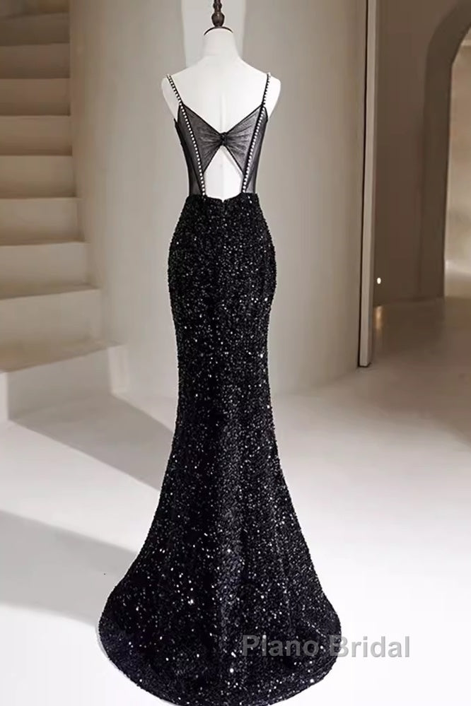 Mermaid Straps Long Black Sequin Formal Prom Dresses