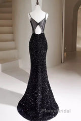 Mermaid Straps Long Black Sequin Formal Prom Dresses