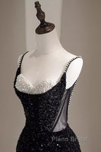 Mermaid Straps Long Black Sequin Formal Prom Dresses