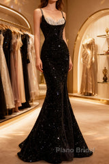 Mermaid Straps Long Black Sequin Formal Prom Dresses