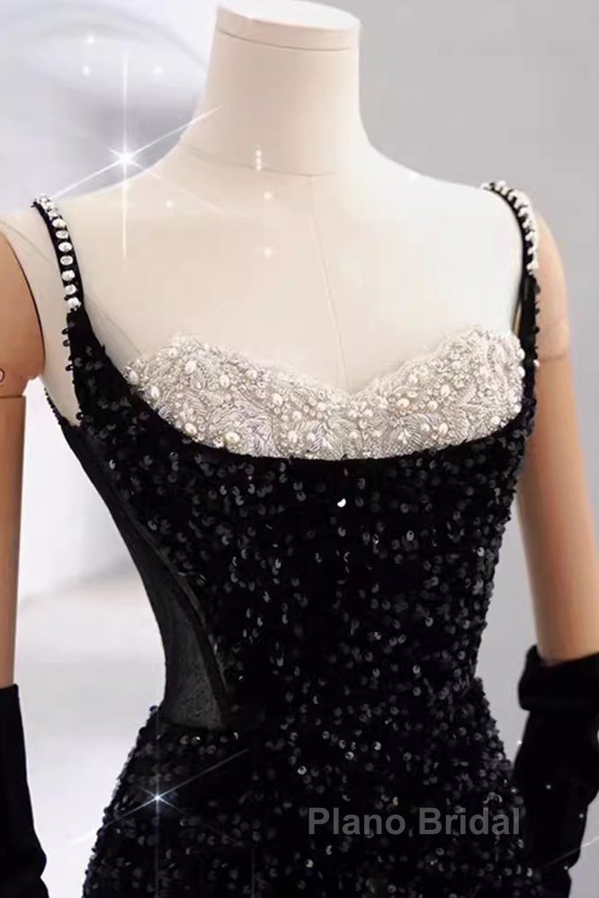 Mermaid Straps Sequin Black Backless Long Formal Prom Dresses Secondary image