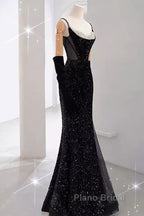 Mermaid Straps Sequin Black Backless Long Formal Prom Dresses