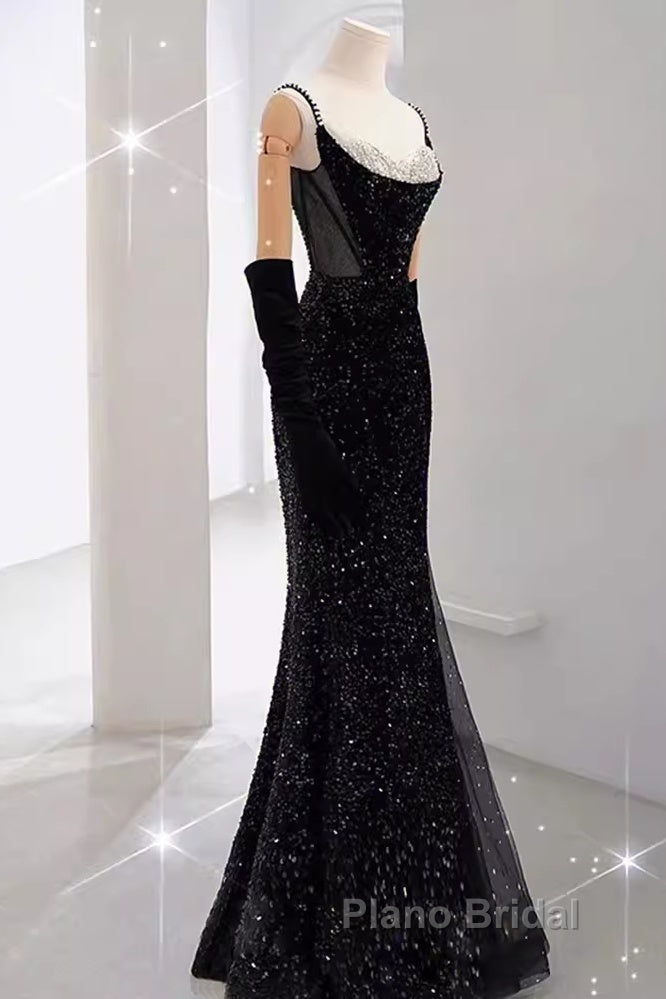 Mermaid Straps Sequin Black Backless Long Formal Prom Dresses
