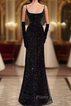 Mermaid Straps Sequin Black Backless Long Formal Prom Dresses