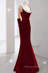 Mermaid Straps Sequin Red Backless Long Formal Prom Dresses