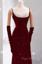 Mermaid Straps Sequin Red Backless Long Formal Prom Dresses