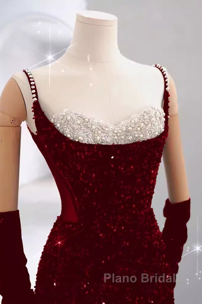 Mermaid Straps Sequin Red Backless Long Formal Prom Dresses