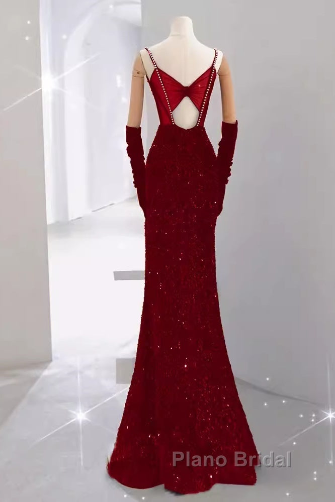 Mermaid Straps Sequin Red Backless Long Formal Prom Dresses