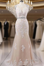 Mermaid Sweep Train Open Back Tulle Formal Prom Appliques Wedding Dresses
