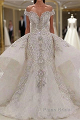 Mermaid Sweetheart Floor Length Wide Hem Tulle Beading Wedding Dress
