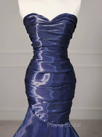 Mermaid Sweetheart Neck Water Satin Dark Blue Long Formal Prom Dresses, Dark Blue Formal Dresses